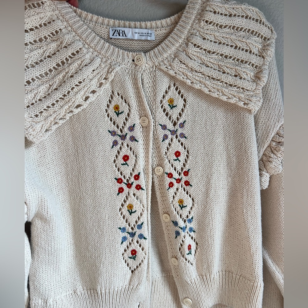 Zara Beige Embroidered Cardigan